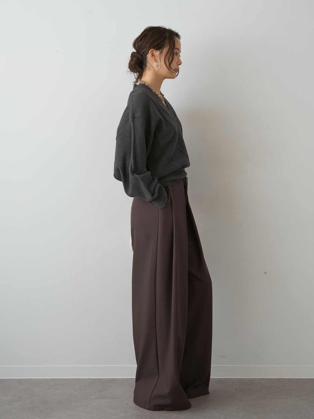 [SET]カシュクールミックスケーブルニットトップス+ベルトループデザインワイドパンツ(2set)