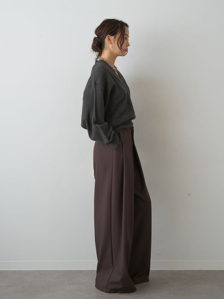 [SET]カシュクールミックスケーブルニットトップス+ベルトループデザインワイドパンツ(2set)
