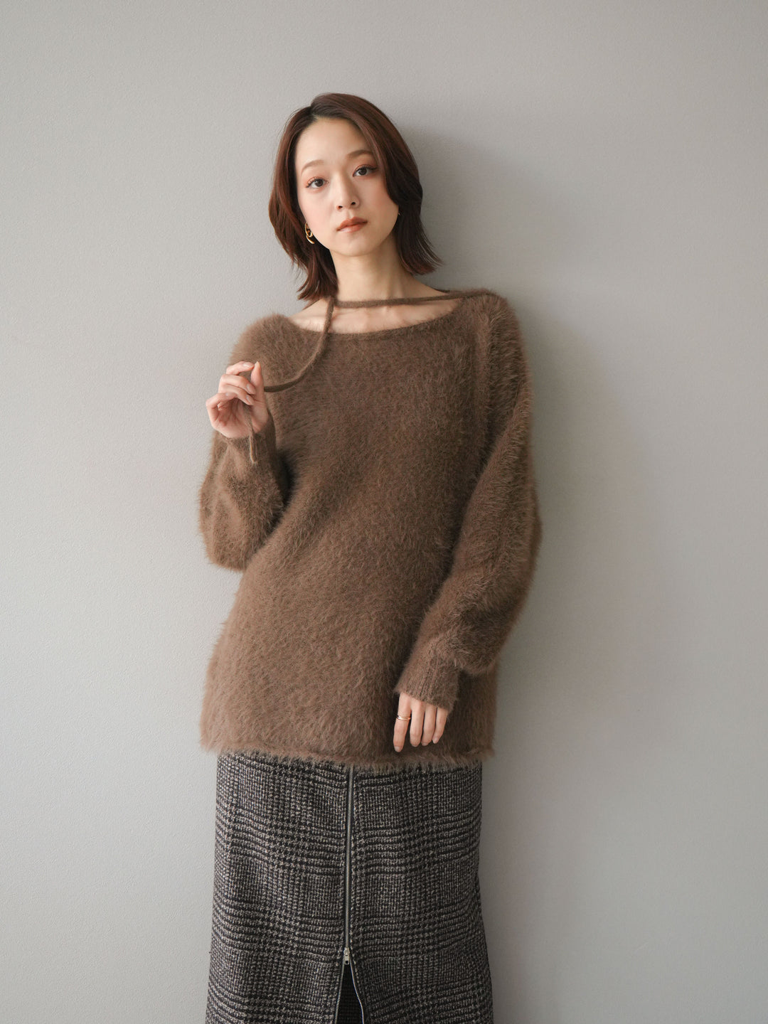 [予約]紐付きシャギーニットプルオーバー/camel