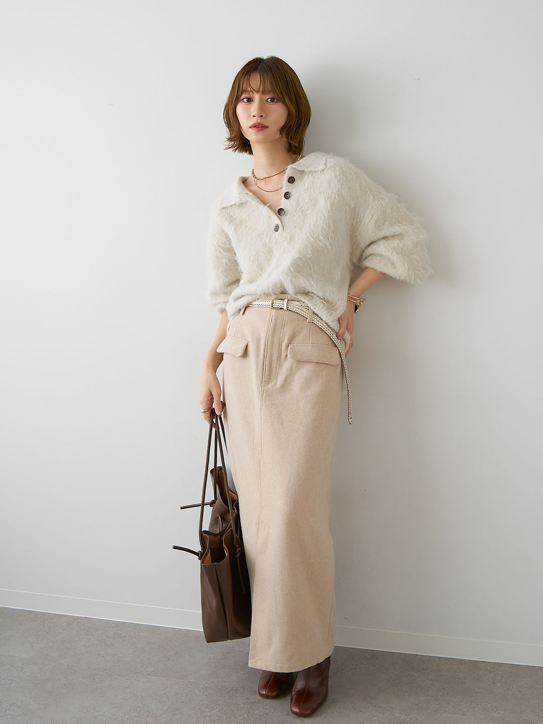 [SET]ヘンリーシャギーニットトップス+メルトンフラップ付ストレートスカート(2set)