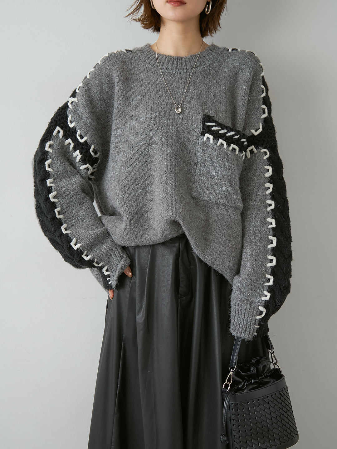 [予約]ハンドステッチデザインニットトップス/gray