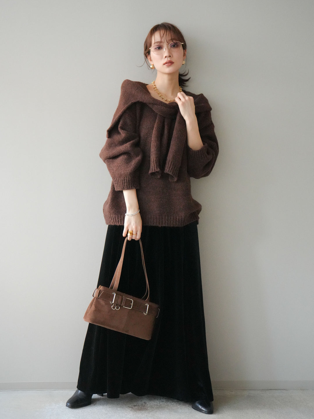 [予約]ベロアフレアスカート/black