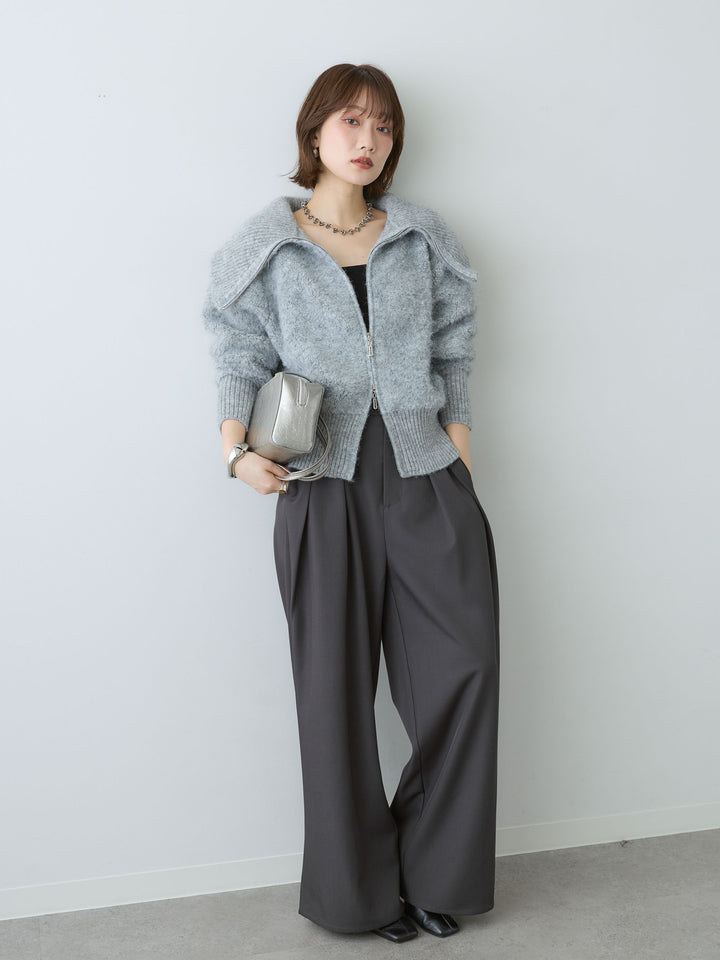 [SET]ビッグカラーシャギーニットブルゾン+ツイルタックワイドパンツ(2set)