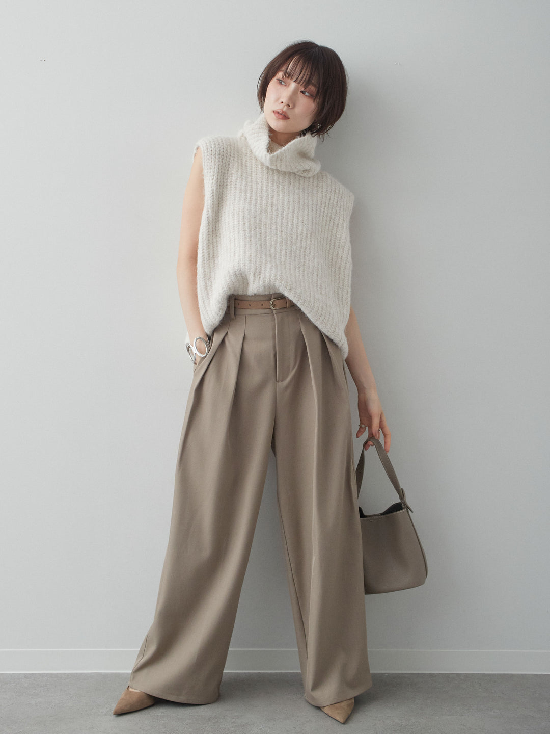 [SET]ハイネックシャギーオーバーニットベスト+ツイルタックワイドパンツ(2set)