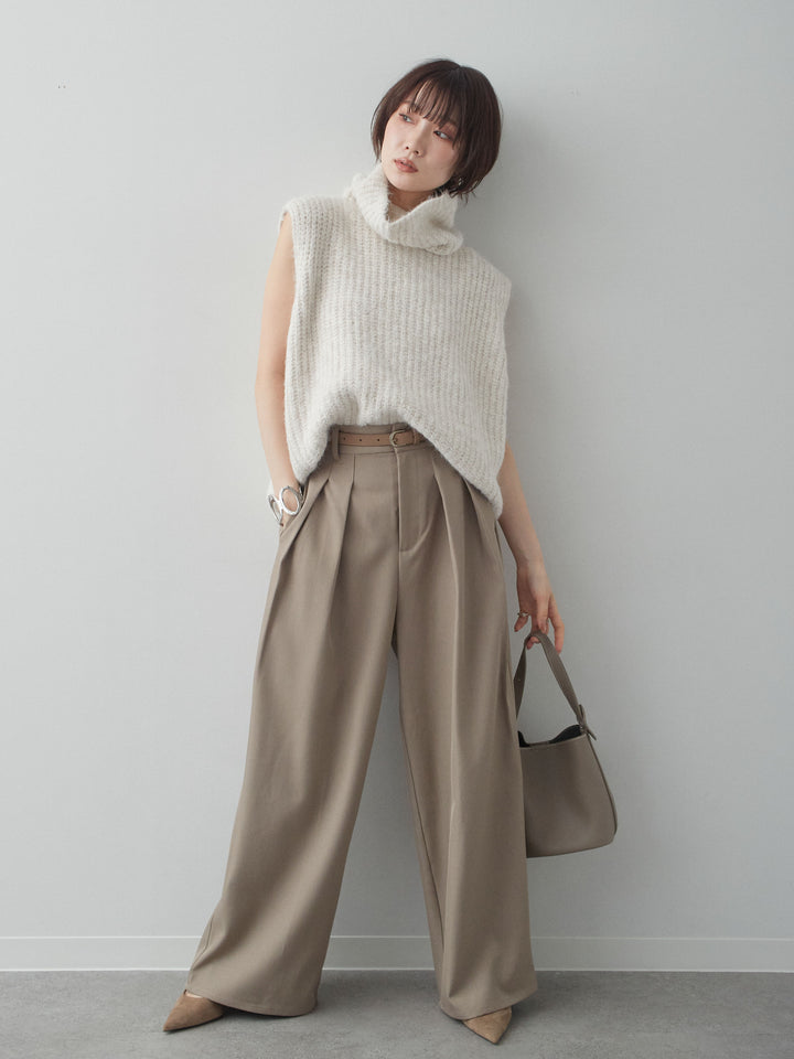 [SET]ハイネックシャギーオーバーニットベスト+ツイルタックワイドパンツ(2set)