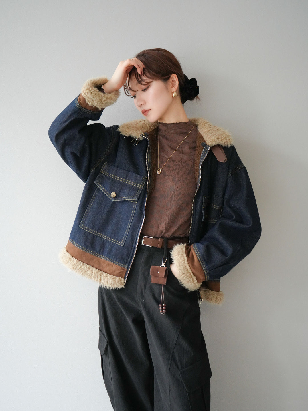 [予約]スタンドカラーファー×デニムジャケット/indigo