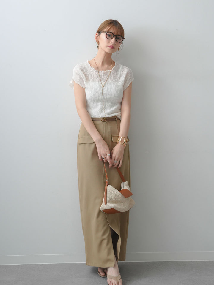 [SET]シャーリングシアーバックオープンフレンチトップス+クレープデシンフラップ付きストレートスカート(2set)