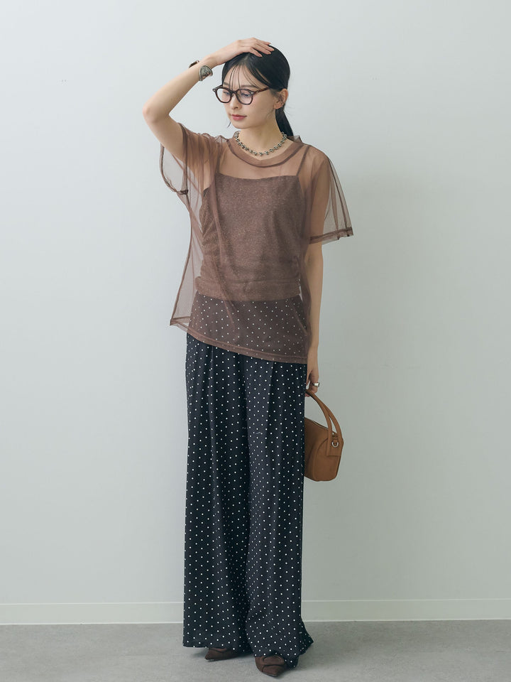 [SET]インナーキャミ付シアーオーバーTEE+ドットワイドイージーパンツ(2set)