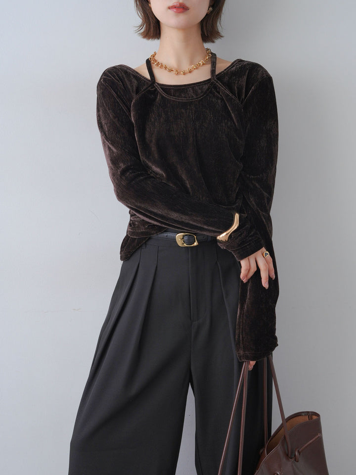 [予約]ベロアレイヤードデザイントップス/brown