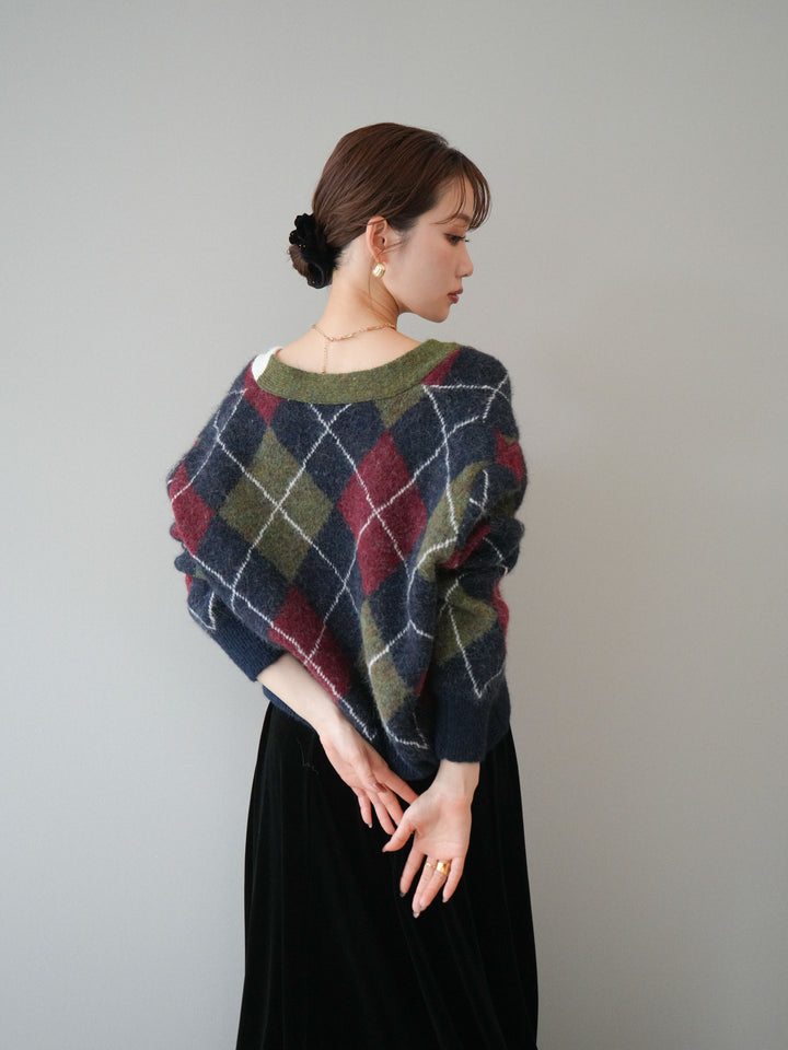 [予約]配色アーガイル柄ニットカーディガン/green
