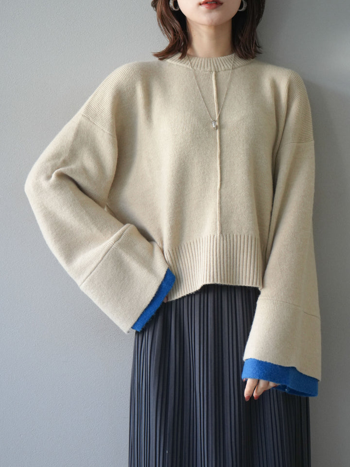 [予約]袖レイヤード配色ニットプルオーバー/ivory