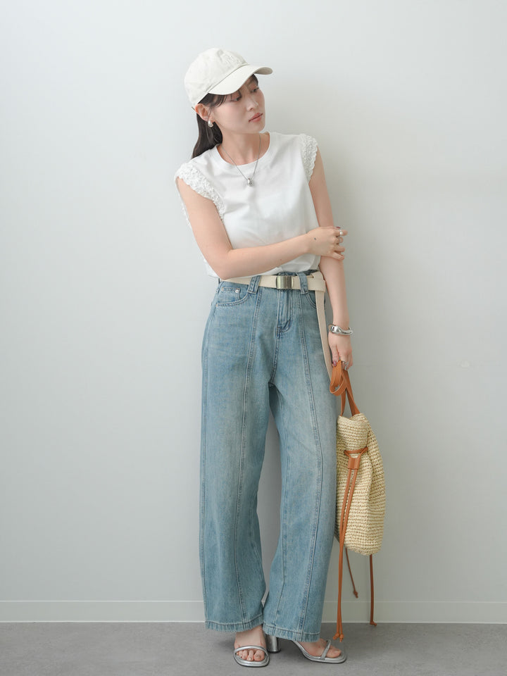 [SET]ホイップフリルフレンチTEE+センターラインワイドストレートデニム(2set)