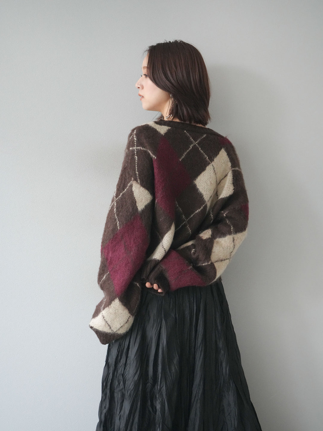 [予約]モヘアタッチアーガイルニットカーディガン/brown