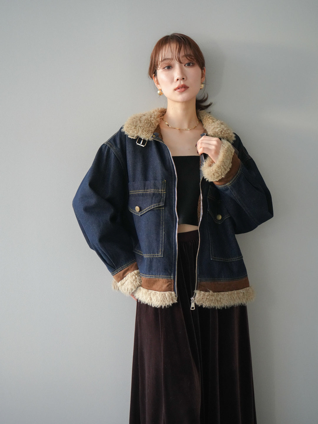 [予約]スタンドカラーファー×デニムジャケット/indigo