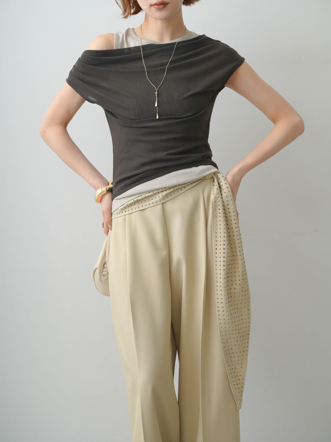 [予約]レイヤードドッキングシアーニットトップス/brown