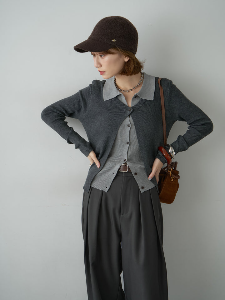[SET]フロントレイヤードデザインリブニットシャツ+ツイルタックワイドパンツ(2set)