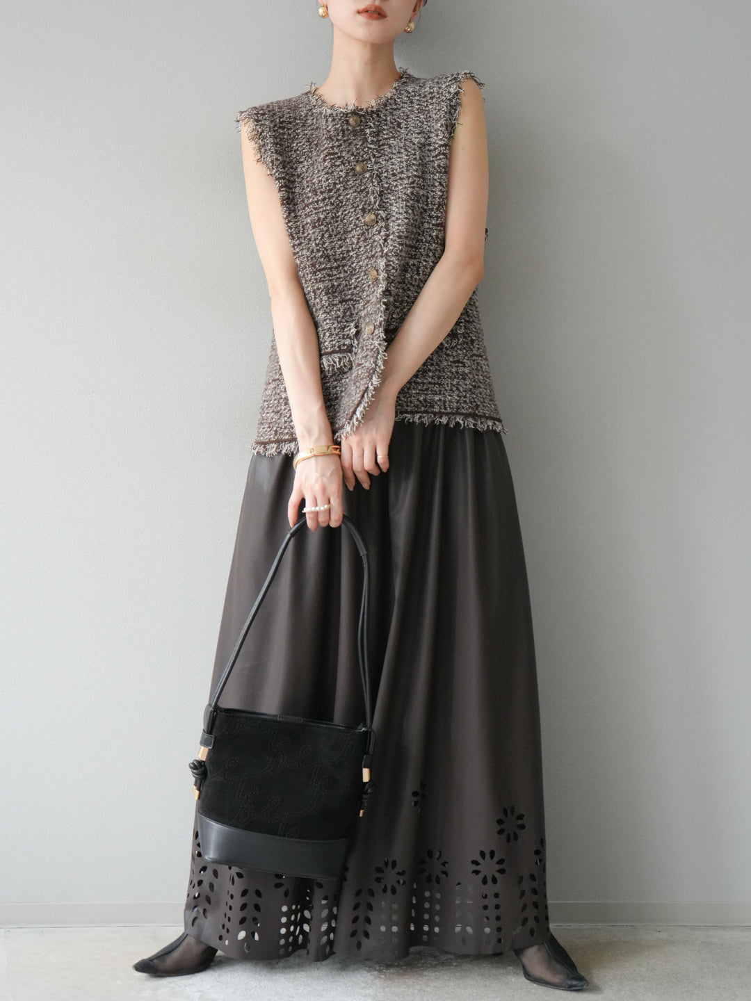 [予約]ミックスツイードフリンジニットベスト/ブラウン