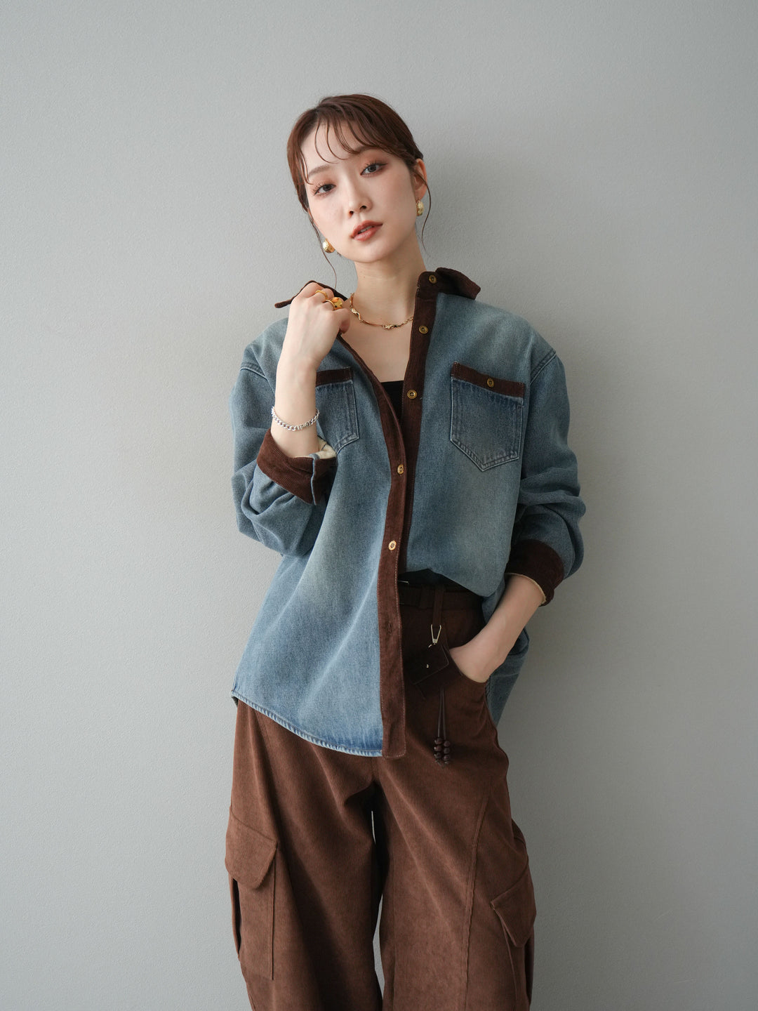 [予約]裏起毛コーデュロイ襟デニムシャツジャケット/ blue