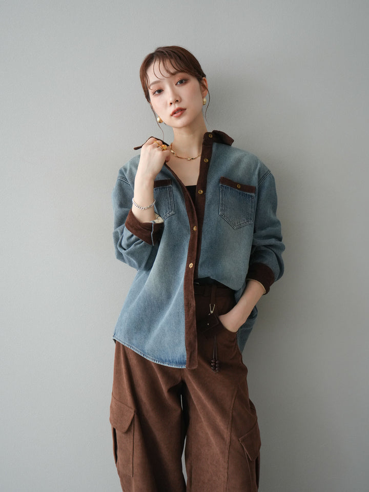 [予約]裏起毛コーデュロイ襟デニムシャツジャケット/ blue