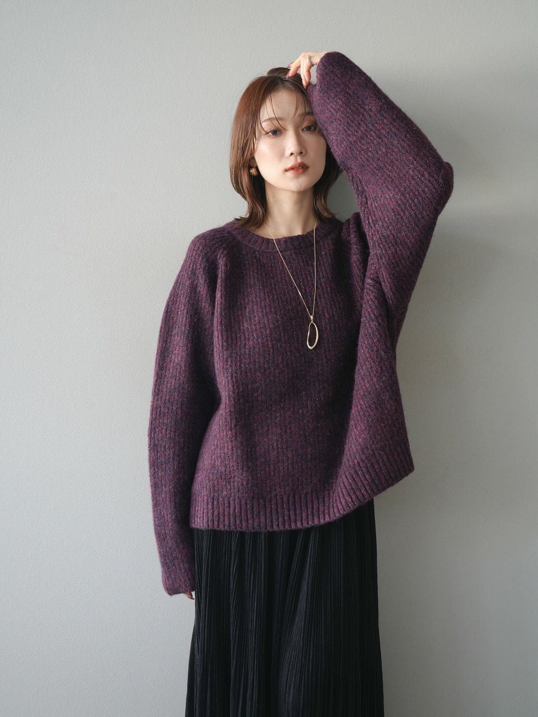 [予約]クルーネック畦編みミックスニット/bordeaux