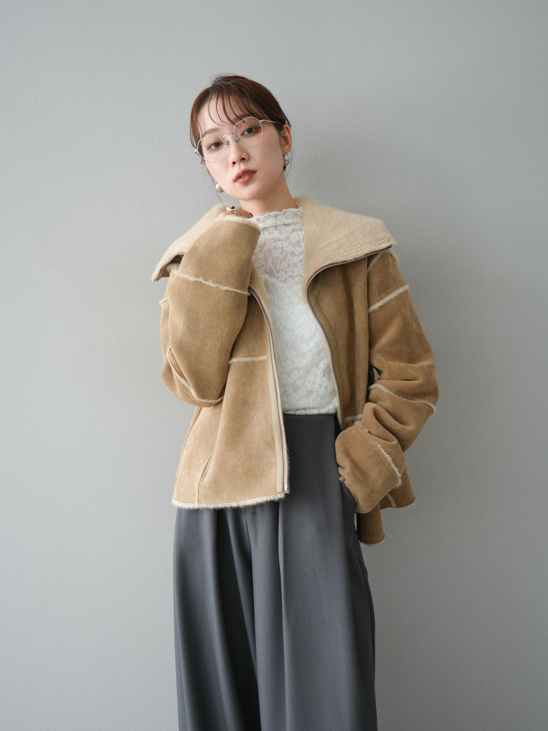 [予約]スタンドカラームートンZIPジャケット/beige