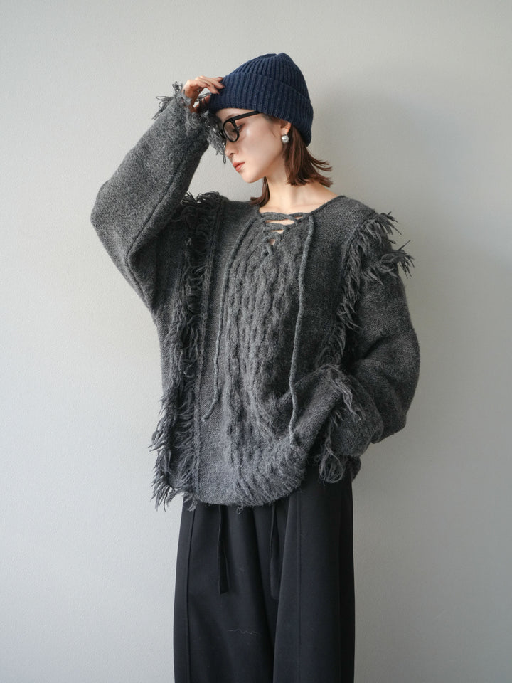 [予約]レースアップフリンジニットプルオーバー/gray