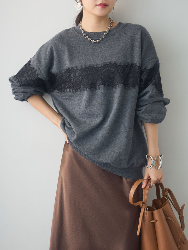 [SET]裏毛レースドッキングプルオーバー+サテンIラインスカート(2set)