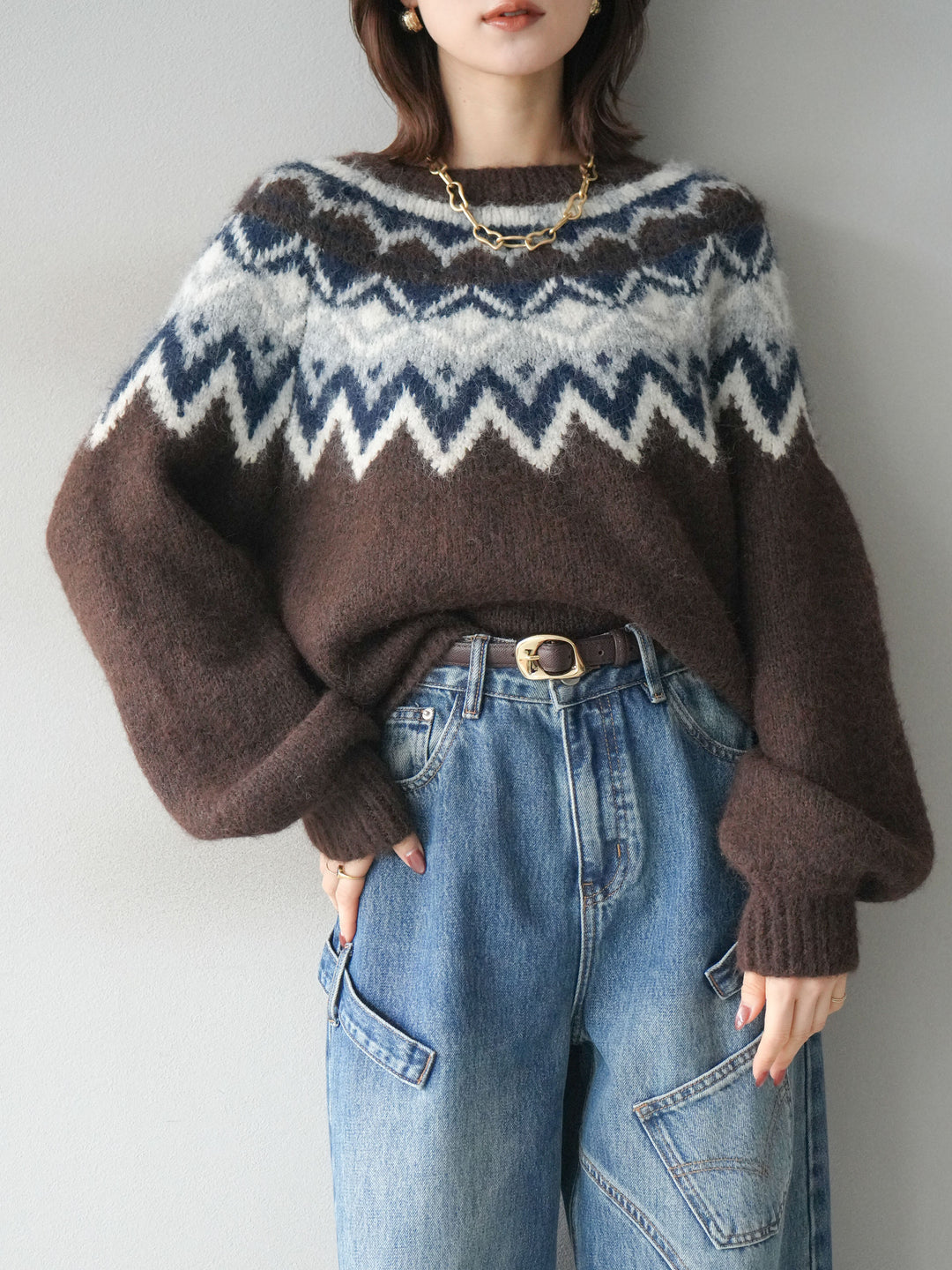 [SET]求心柄オーバーニットプルオーバー+ペインターカーブデニムパンツ(2set)