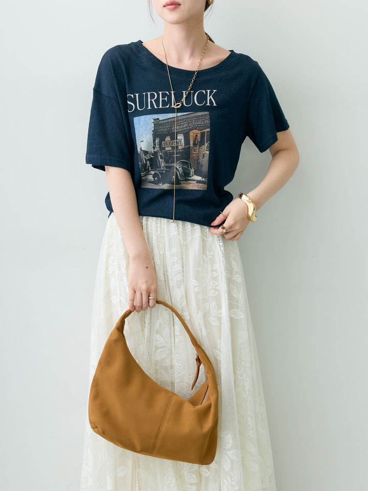 [SET]ワイドネックプリントTEE+ボタニカルパネルレースフレアスカート(2set)