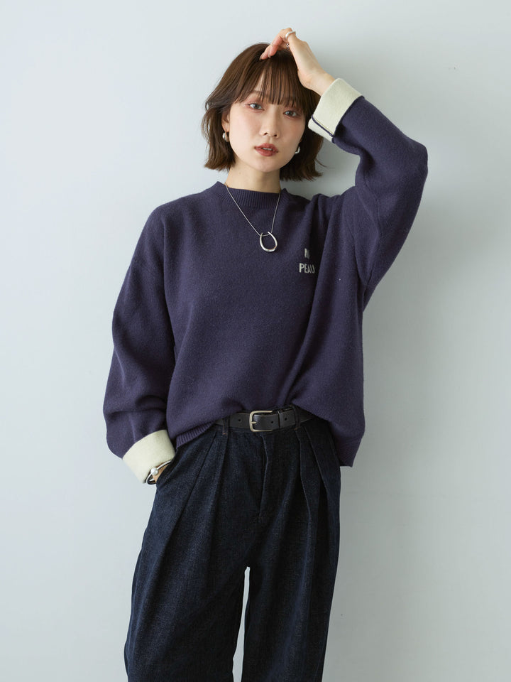 [SET]アルパカタッチバイカラーニットトップス+ベロアデニムタックワイドパンツ(2set)
