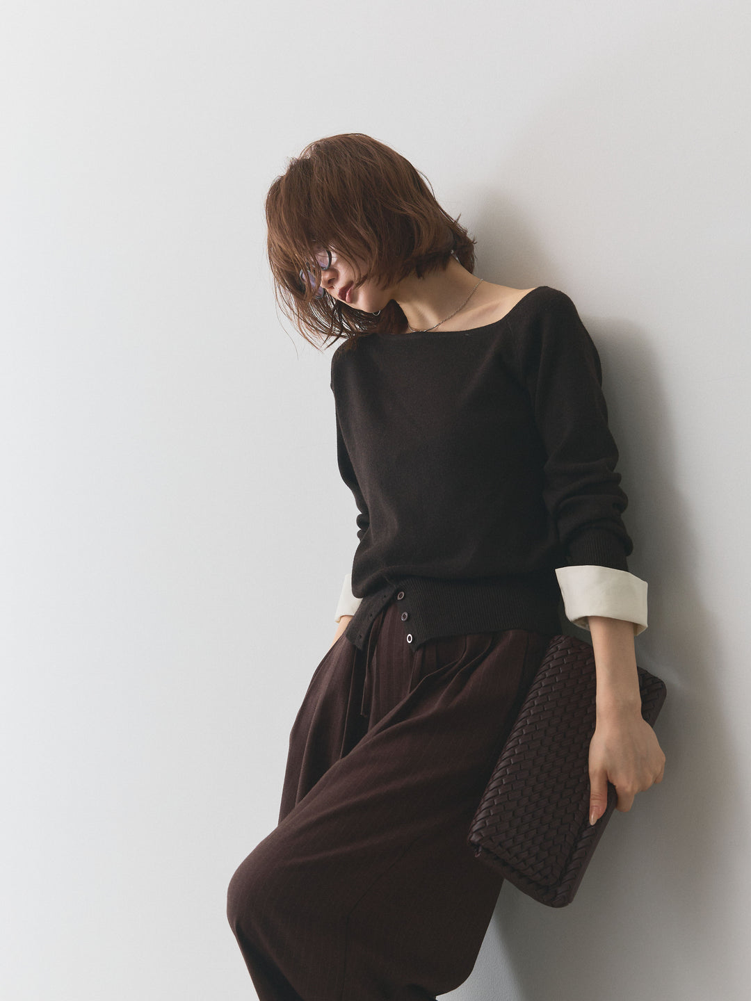 【Allure】[SET]シャツカフスフロントスリットニットプルオーバー+ウールライクストライプワイドパンツ(2set)