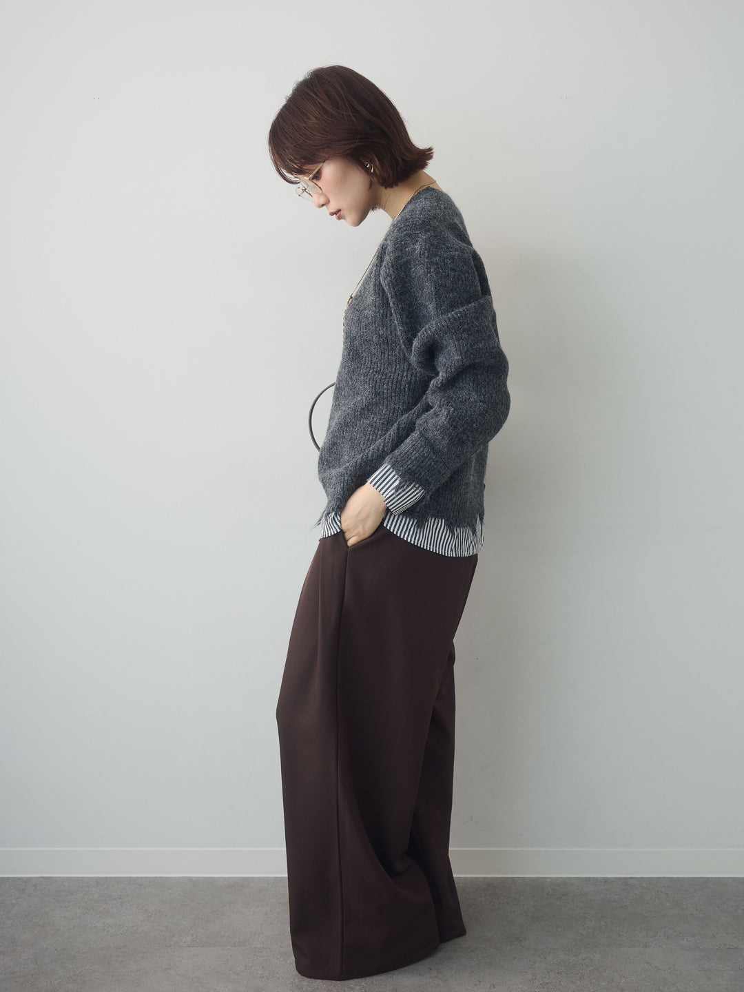 [SET]シャツレイヤードデザインモヘアプルオーバー+ツイルタックワイドパンツ(2set)