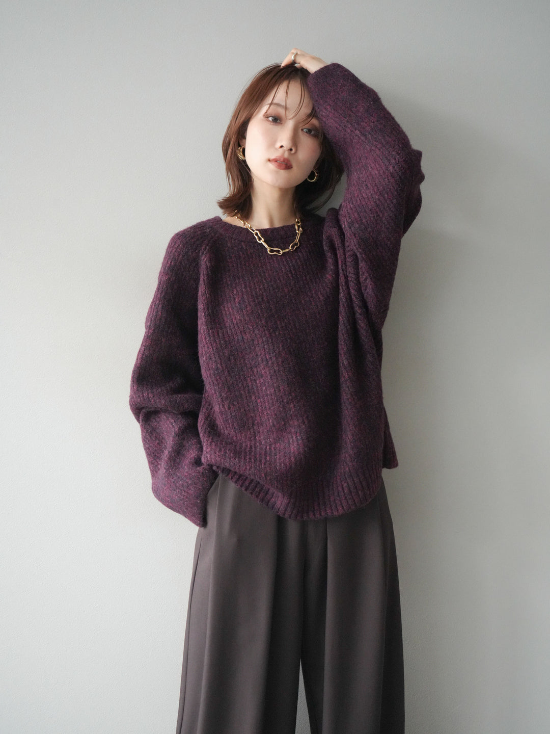 [予約]クルーネック畦編みミックスニット/bordeaux