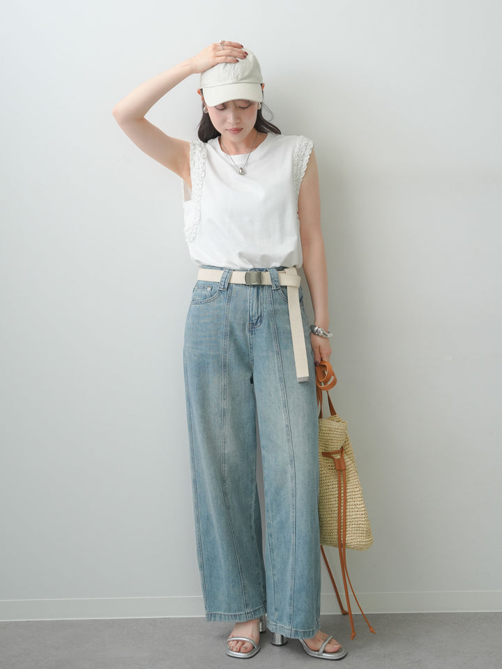[SET]ホイップフリルフレンチTEE+センターラインワイドストレートデニム(2set)