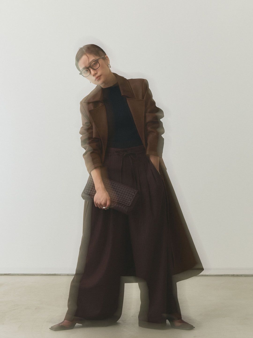 【Allure】[SET]デザインリブハーフニットトップス+ウールライクストライプワイドパンツ+ヴィンテージレザートレンチコート(3set)