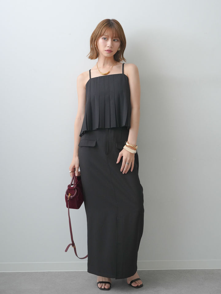 [SET]クレープデシンタックキャミソール+クレープデシンフラップ付きストレートスカート(2set)
