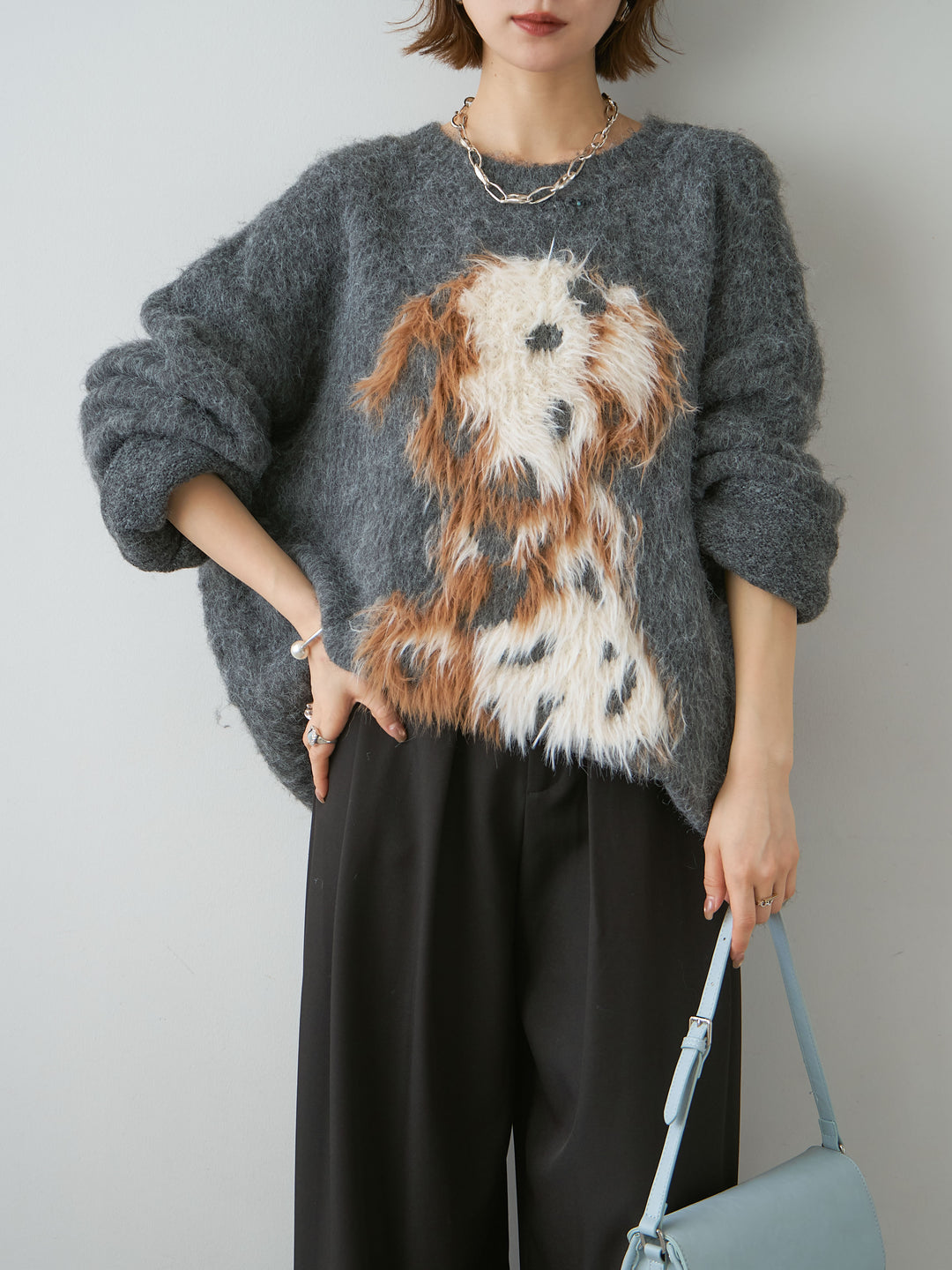 [予約]シャギードッグモチーフニットトップス/gray