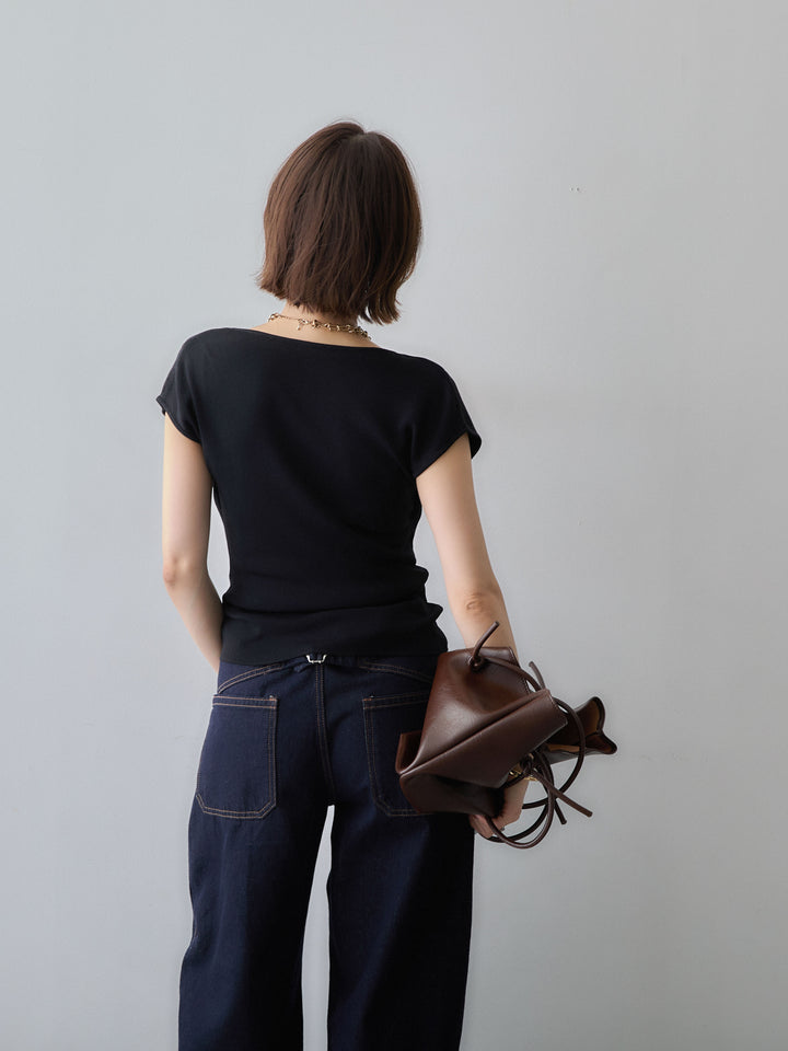 [予約]レイヤードデザインスリムフレンチニットトップス/black