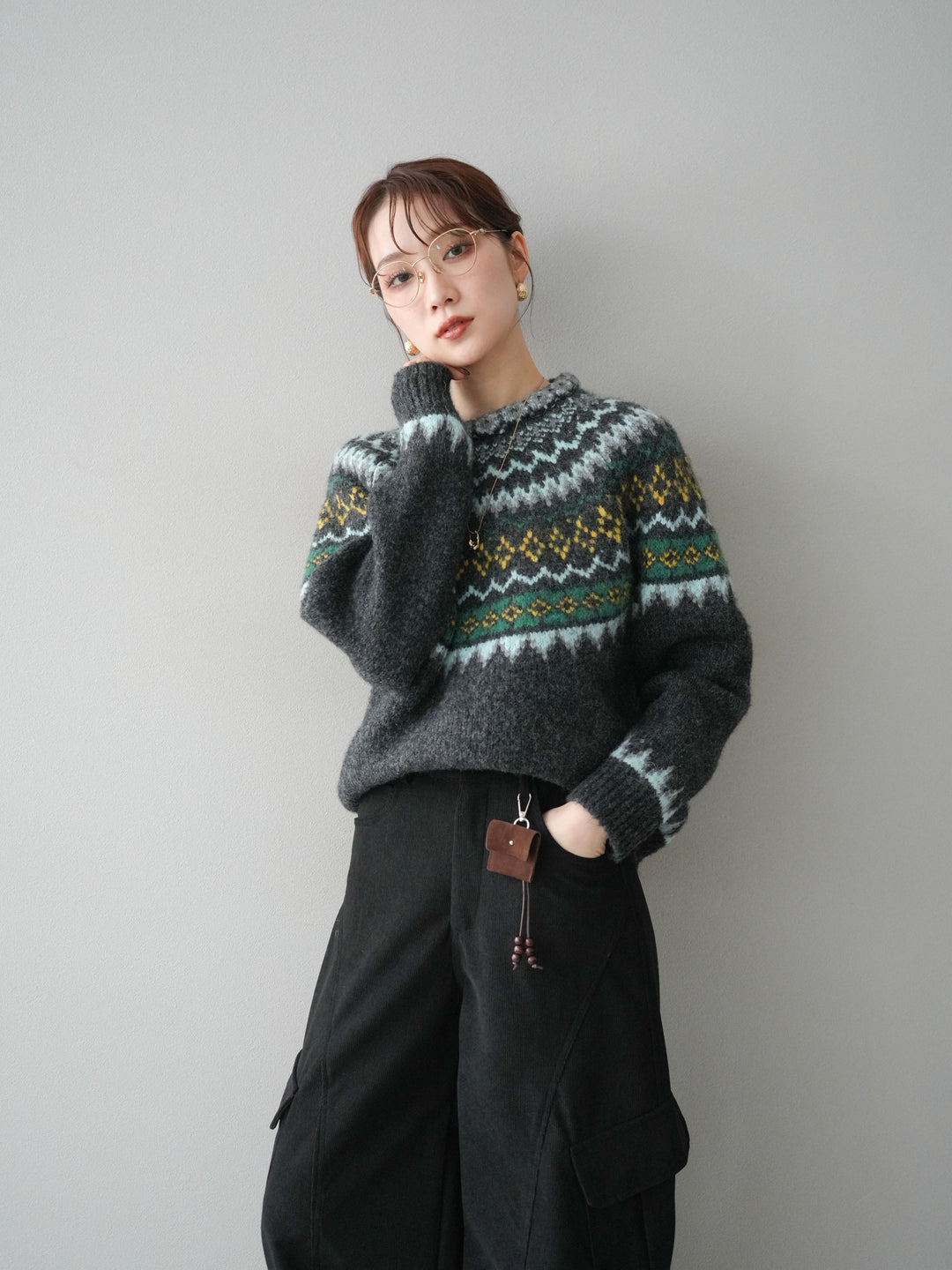 [予約]ウールタッチ求心柄オーバーニットプルオーバー/gray