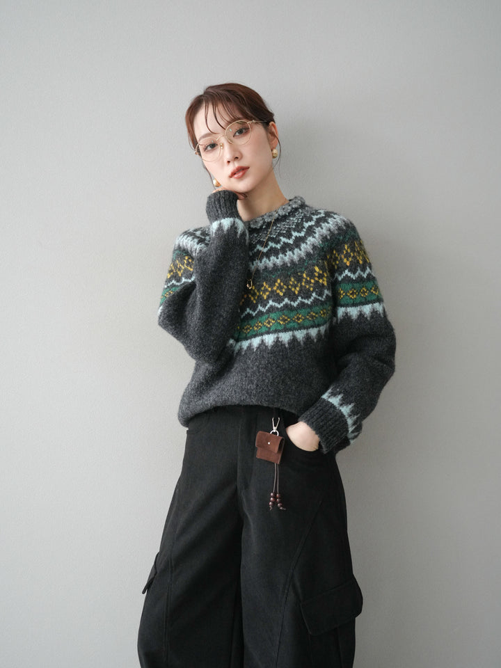 [予約]ウールタッチ求心柄オーバーニットプルオーバー/gray
