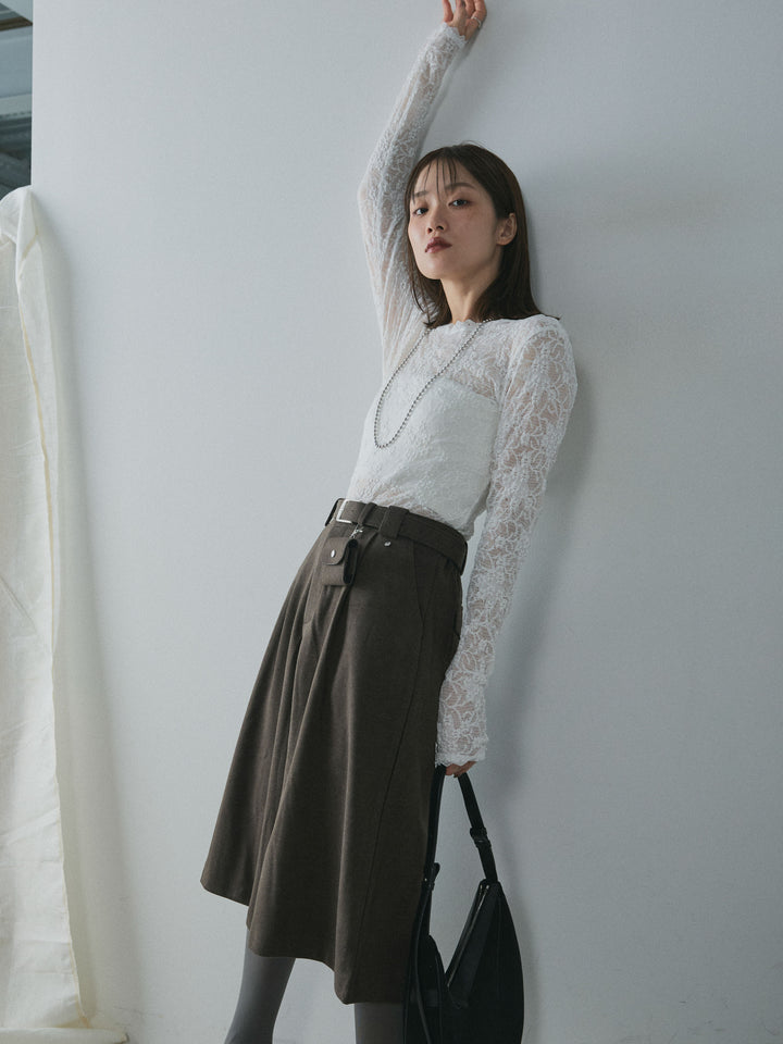 【Allure】[SET]バックオープンレーストップス+ベルト付ウールタッチミディアムパンツ(2set)