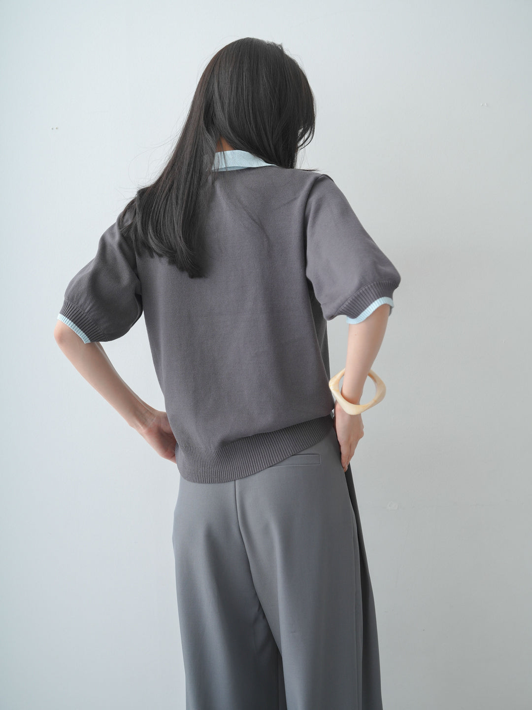 [SET]クールタッチバイカラーハーフニットポロ+ベルトループデザインワイドパンツ(2set)