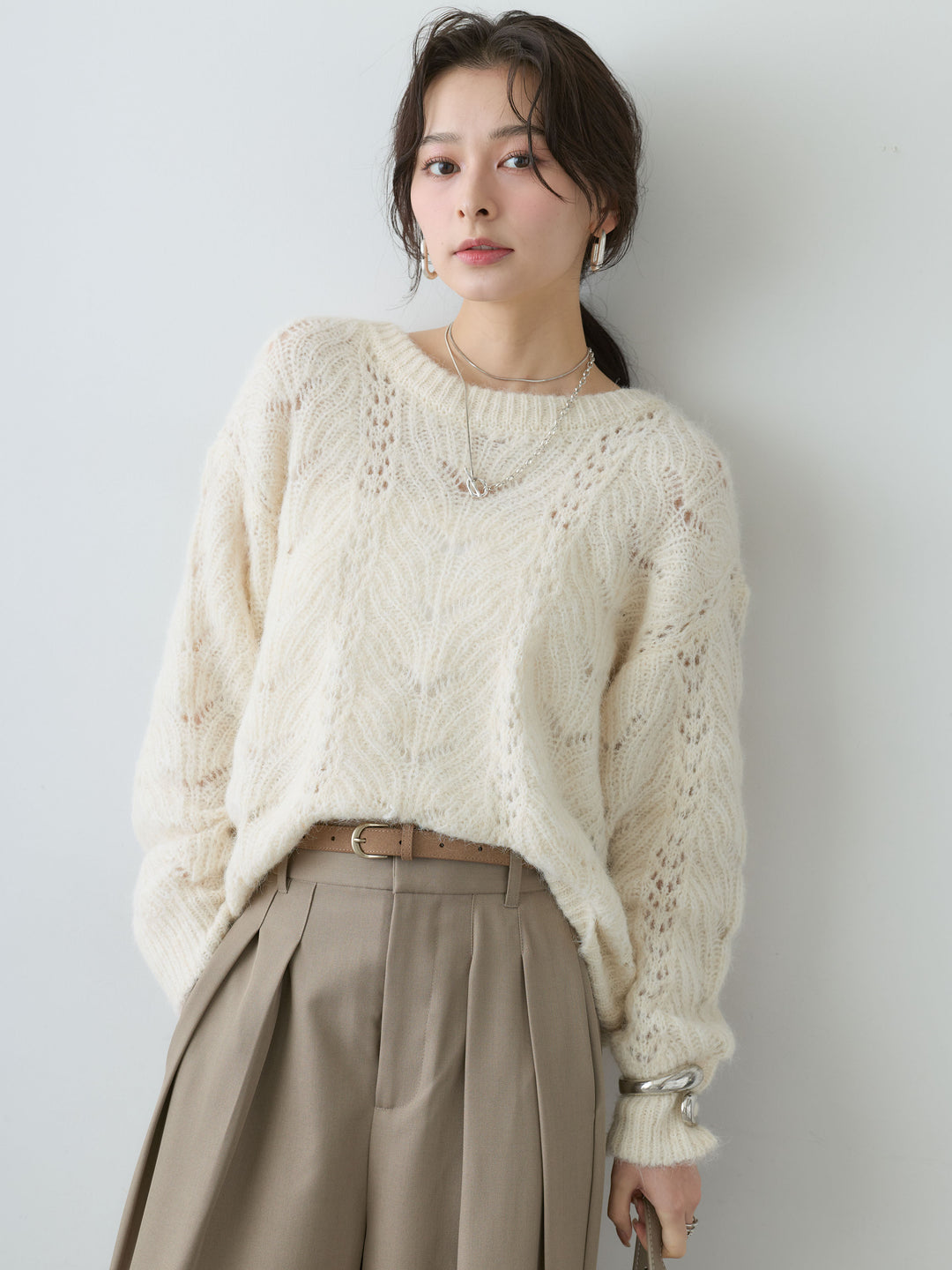 [SET]前後2WAY透かし編みケーブルニットトップス+ツイルタックワイドパンツ(2set)