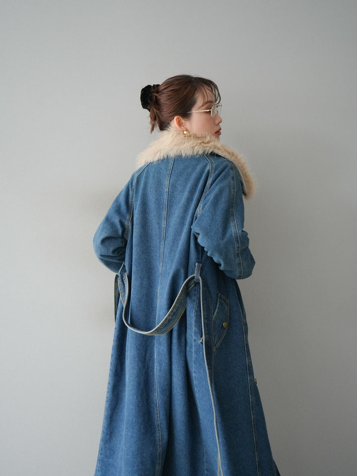[予約]ファー襟デニムロングコート/blue