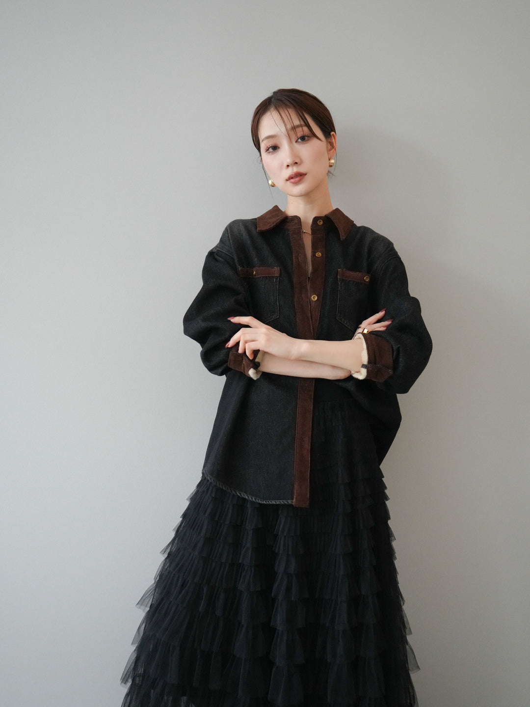 [予約]裏起毛コーデュロイ襟デニムシャツジャケット/black