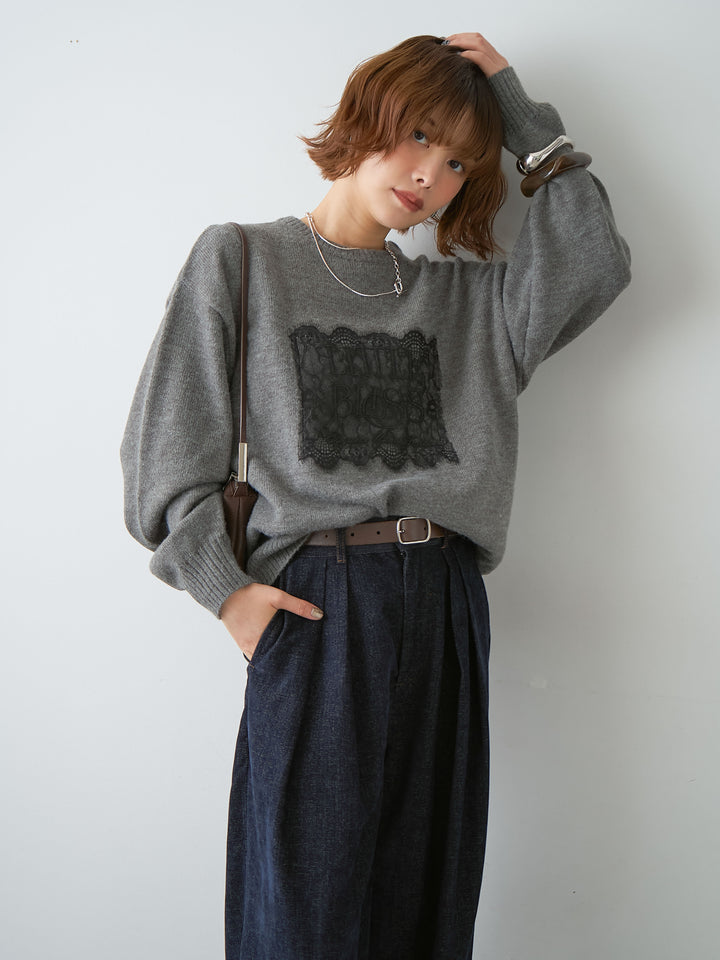 [SET]アルパカタッチ刺繍レースロゴニットプルオーバー+選べるアクセセット(2set)