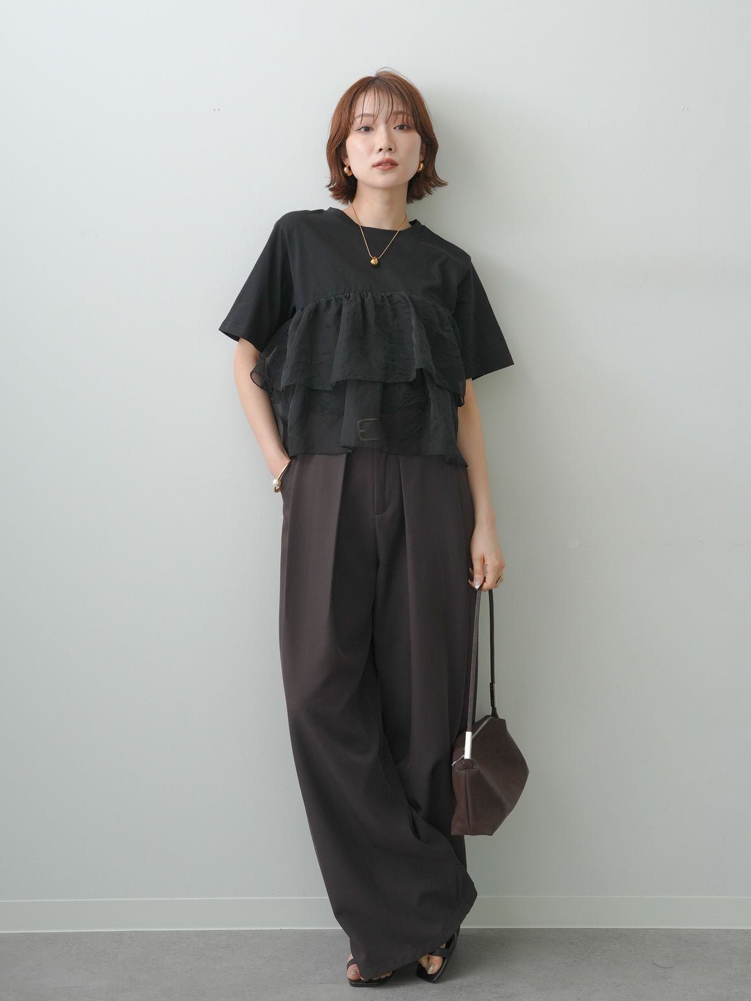 [SET]オーガンジーフリルドッキングTEE+ベルトループデザインワイドパンツ(2set)