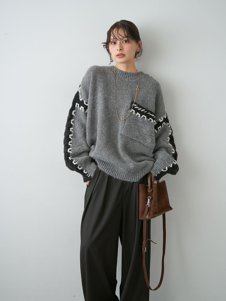 [SET]ハンドステッチデザインニットトップス+選べるアクセセット(2set)