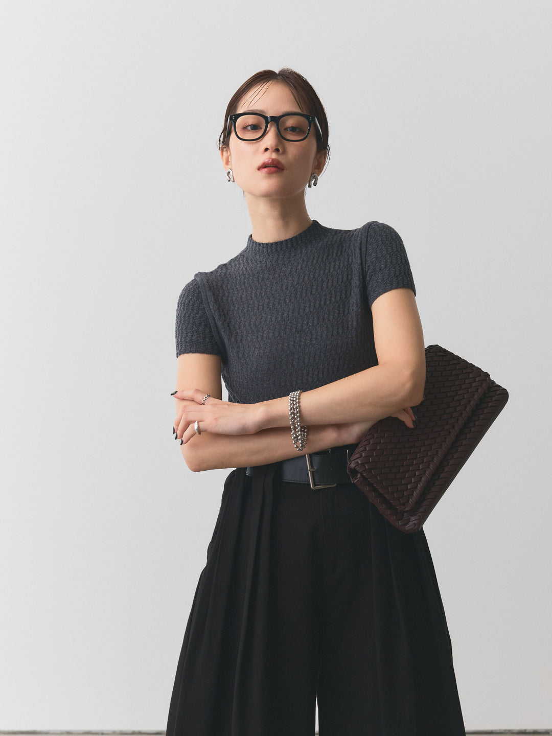 【Allure】[SET]デザインリブハーフニットトップス+ベルト付ダブルループワイドパンツ(2set)