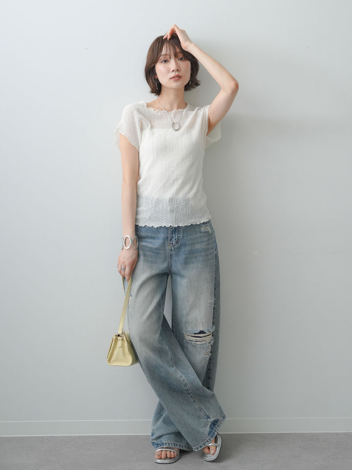 [SET]シャーリングシアーバックオープンフレンチトップス+ダメージデニムセミワイドパンツ(2set)